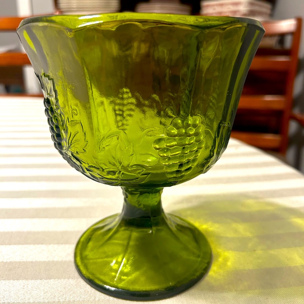 Vintage Indiana Glass Olive Green Footed Compote Bowl w/ Grape Pattern